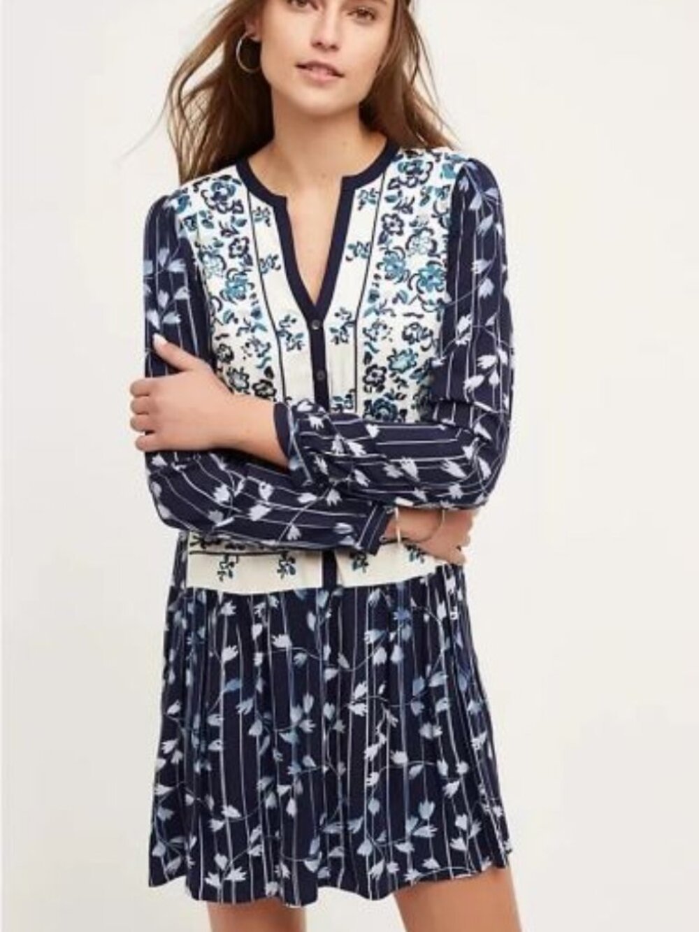 Anthropologie Tiny Semele Blue Floral Embroidered Tunic Shirt Dress, Size M